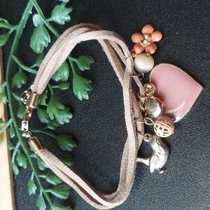 B917 Multi Strand Leather & Goldtone Mixed Charm Bracelet
